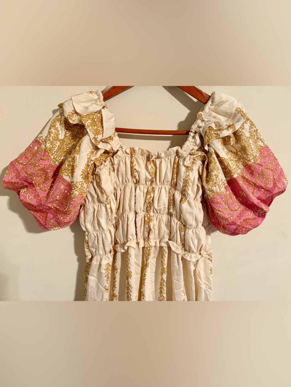 NWT Umgee Cream Dress w Pink & Gold Sz M Bows Cottagecore Boho Milkmaid Romantic - Picture 9 of 11